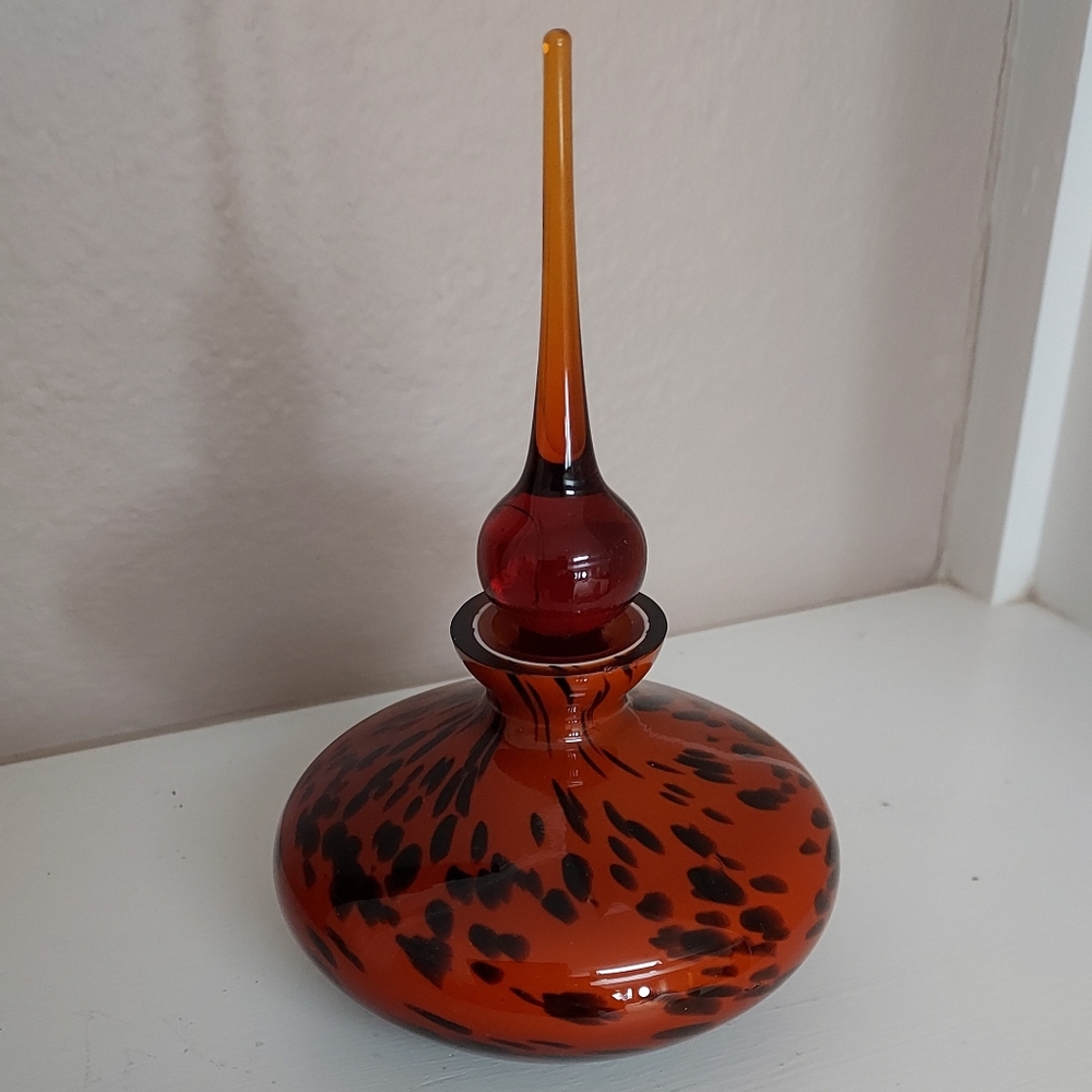 Vintage Large Hand-blown Glass Perfume Bottle with Topper Amber Swirl
